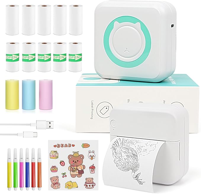 MXiiXM Mini Sticker Printer, Portable Mini Pocket Printer for iPhone, Smart Inkless Thermal Printer with 13 Roll Papers, Bluetooth Mini Printer for Notes, Photos, Stickers, Labels, Receipts (Green)