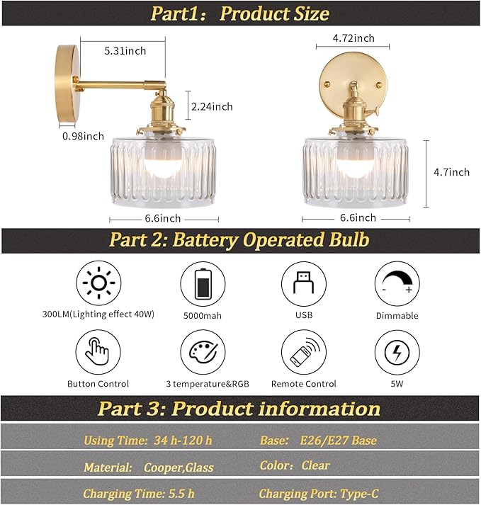 Vintage Battery Operated Wall Sconce with Clear Striped Glass Lampshade 5000 mAh Rechargeable Battery Powered Wall Light with Remote Control for Bedside Bedroom Doorway, Set of 2