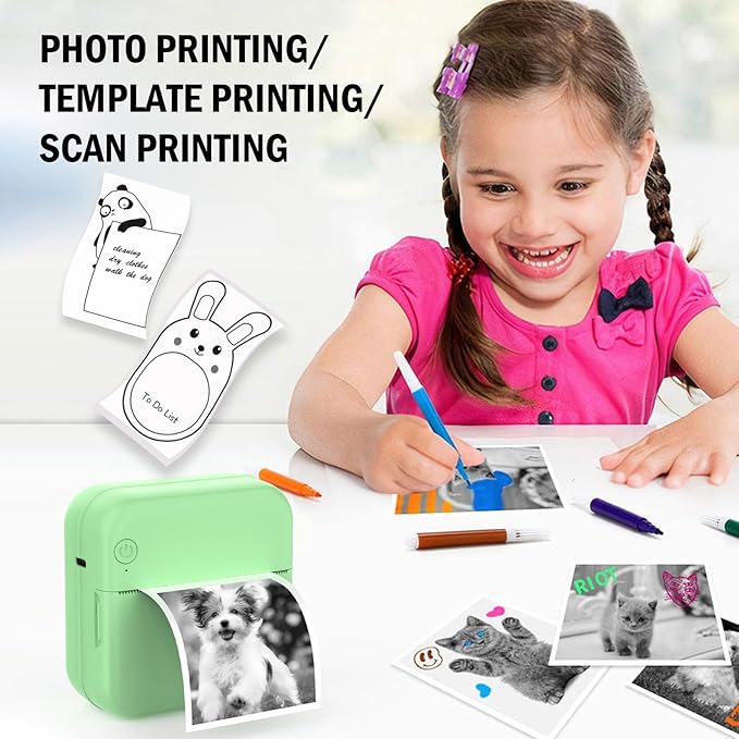 Mini Photo Printer - Portable Pocket Sticker Printers for iPhone Thermal Printer with 10 Rolls Thermal Paper for Photo, Memo, Journal - Green