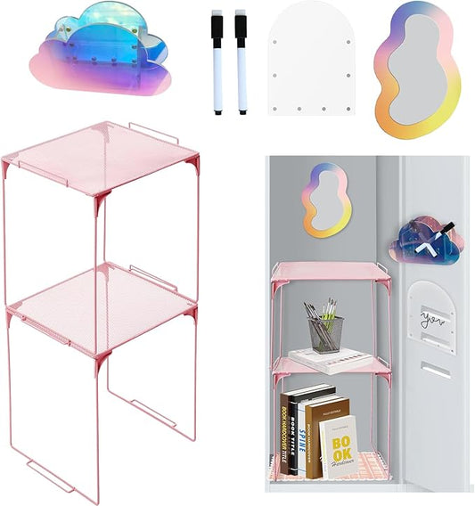 Iridescent Locker Organizer Kit Locker Accessories with Mesh Locker Shelf Back to School Essentials Locker Kit for Girls with Locker Mirror and Pen Holder & Dry Erase Board-Pink