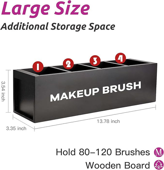 Suli Large Makeup Brush Holder Organizer, Wooden Cosmetic Brushes Storage with 4 Slots, Eyeliners Display Case for Vanity Desktop Bathroom Countertop -Black