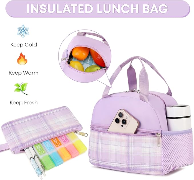 3PCS Backpack For School Women College Middle High Teen Girls Student Bookbag Waterproof Laptop Bag Plaid Purple