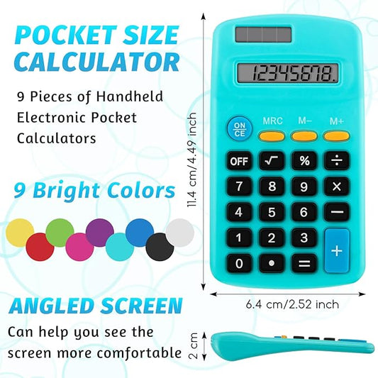 Pocket Size Student Function Calculator Basic Solar Battery Calculator Bulk Mini Colorful Calculator for Student Kids School Home Office Desktop Accounting Tools(9 Pieces)