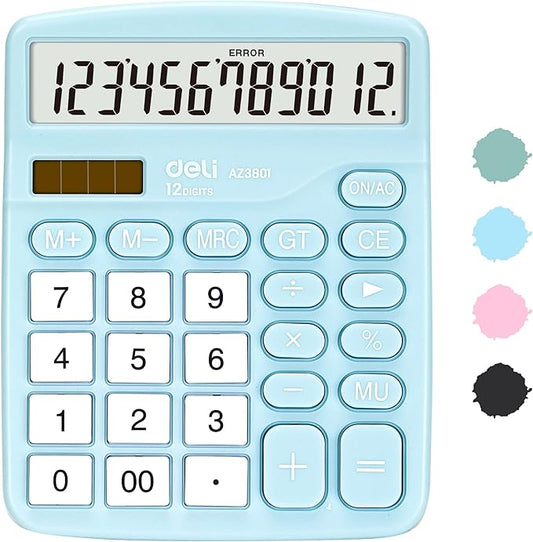 Calculator, Deli Standard Function Desktop Calculators with 12 Digit Large LCD Display and Sensitive Button, Solar Battery Dual Power Office Calculator, Blue