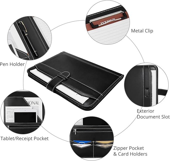 IVESIGN Leather Portfolio Notebook with Folder，Storage Clipboard with Cover for Legal Pad Holder Letter Size A4 Writing Pad for Business School Office Resume Conference Notepad Clip Boards(Black)