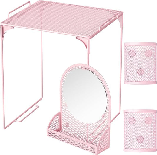 Locker Shelf with Locker Mirror Magnetic & 2 Magnetic Pen Cups, Locker Organizer for Work, Mesh Metal Locker Accessories Kit for School Locker, Locker Decor Office Supplies, Pink