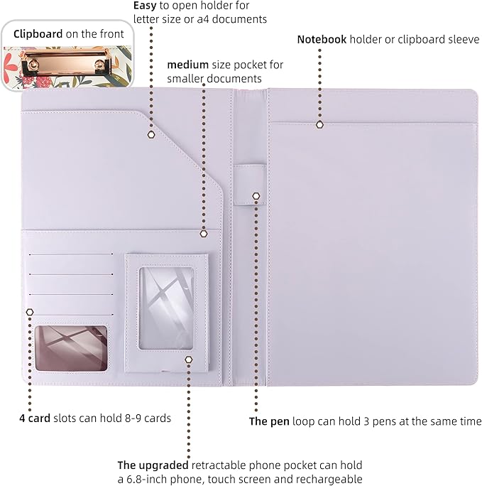 Padfolio for Women PU Leather Portfolio Cute Binder Foldable Recipe Clipboard Purple Phone Pocket