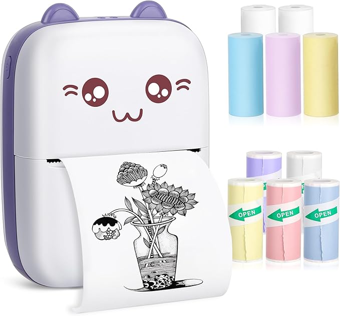 Mini Pocket Bluetooth Printer-Portable Thermal Printer with 10 Roll Papers for Journal/DIY Scrapbook/Travel/Notes/Lists/Label/Memo, Receipt Printer for Children Women Gifts Kids Christmas IOS&Android