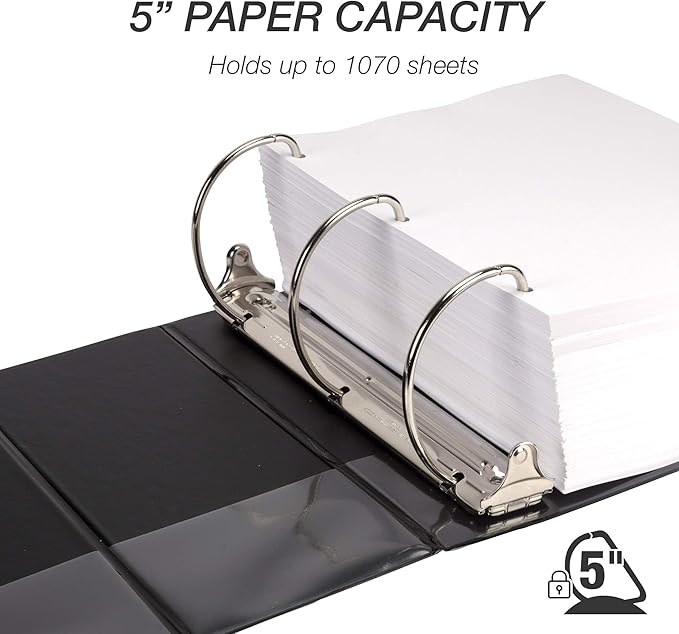 Samsill Durable 5 Inch Binder, Made in The USA, D Ring Binder, Customizable Clear View Cover, Charcoal Black, Holds 1050 Pages