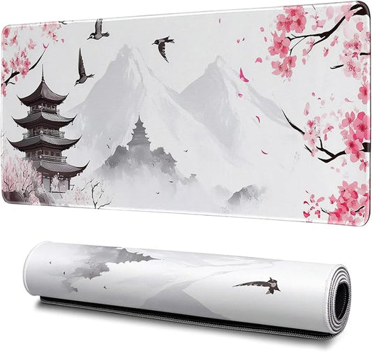 Retro Pagoda Cherry Blossom Watercolor Mouse Pad Abstract Big Mouse Pad 31.5x11.8 Inch Texture Non-Slip Rubber Base Large Mousepad Stitched Edges Keyboard Mouse Mat Desk Pad for Office and Home