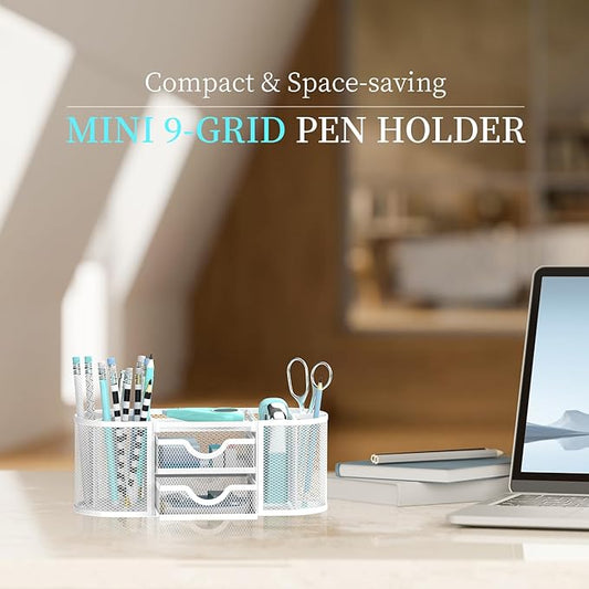 SUPEASY Mesh Desk Organizer, Desk Organizers and Accessories, Pen Holder with Drawers, Pencil Holder for Desk with 2 Drawer for Office Supplies, White