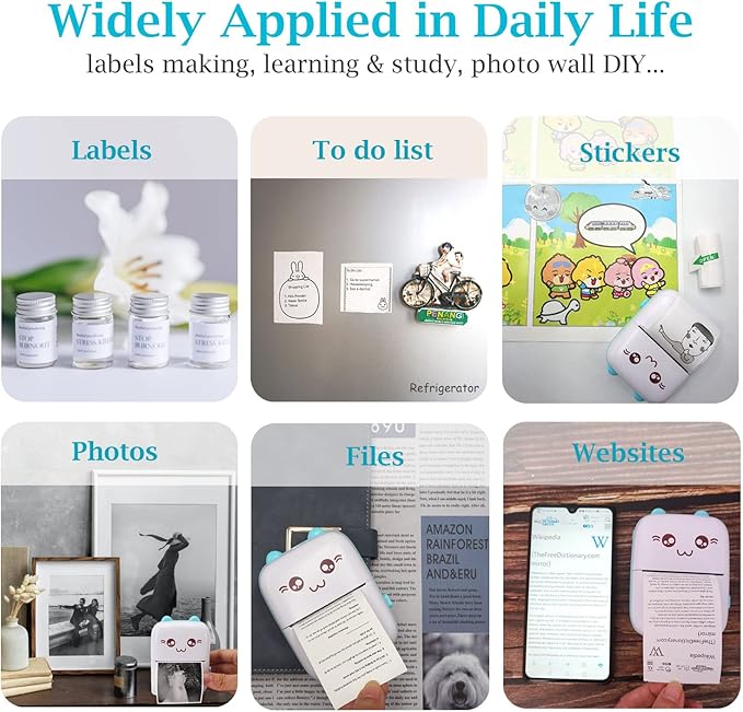 Mini Pocket Printer, Portable Thermal Printer with 8 Rolls Printing Paper, Bluetooth Wireless Tiny Printer for Photos/Stickers/Labels/Notes/Receipts, Compatible with iOS and Android, Blue