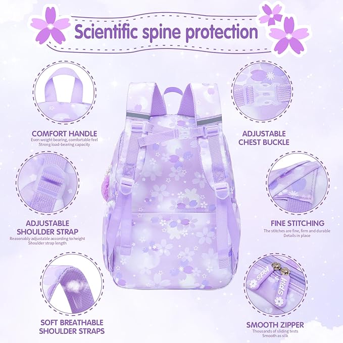 Lovely Girls Backpack School Bag for Students Kids Book Bag with Multiple Pockets Splash-proof Children's Backpack（17inch Purple）