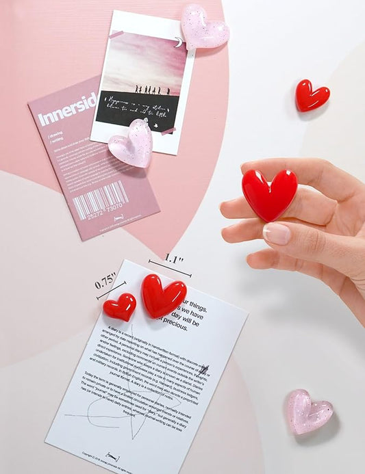 Mymazn 12Pcs Fridge Magnets Cute Refrigerator Magnet, Colorful Magnets for Whiteboard Cabinet Locker, Heart Decorative Magnets for Classroom Kitchen Office (Pink Red)