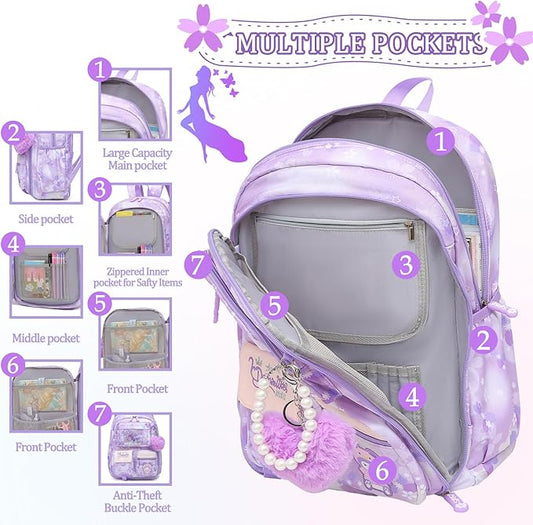 Lovely Girls Backpack School Bag for Students Kids Book Bag with Multiple Pockets Splash-proof Children's Backpack（17inch Set Purple）