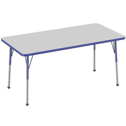 FDP Rectangle Activity School and Office Table (30 x 60 inch), Standard Legs with Ball Glides, Adjustable Height 19-30 inches - Gray Top and Blue Edge