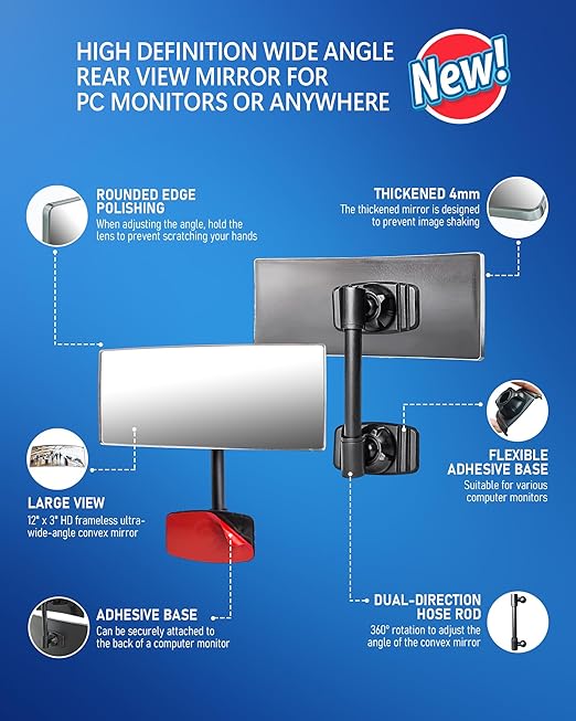 Nnaningo Wide Angle Convex Mirror for Computer Monitor, Office Cubicle & Desk, Stick-On Rear View Mirror to See Behind You, 360° Rotatable Security Mirrors for Personal Safety (2 Pack 12" x 3")