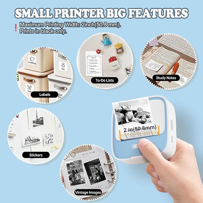 Mini Sticker Printer - S1 Portable Sticker Maker Machine with 1 Roll Sticker Paper, Bluetooth Print Pods Pocket Printer for Study Notes, Graphics, Students, Kids Gift, Free App, Blue