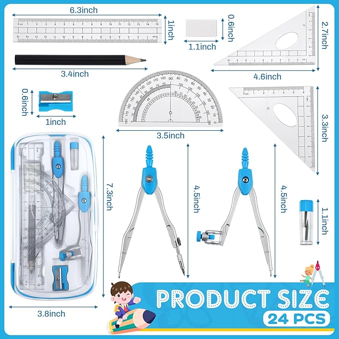 Teling 24 Sets Math Geometry Kit for Students 10 Pcs Compass Geometry Tools Set Includes Rulers Protractor Compass Eraser Pencil Sharpener Lead Refills Pencil