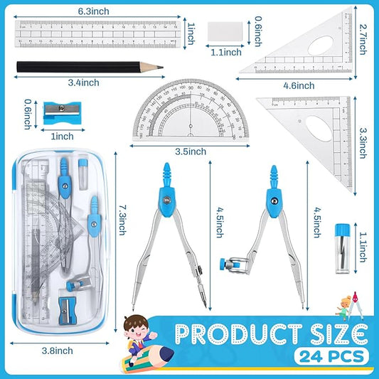 Teling 24 Sets Math Geometry Kit for Students 10 Pcs Compass Geometry Tools Set Includes Rulers Protractor Compass Eraser Pencil Sharpener Lead Refills Pencil