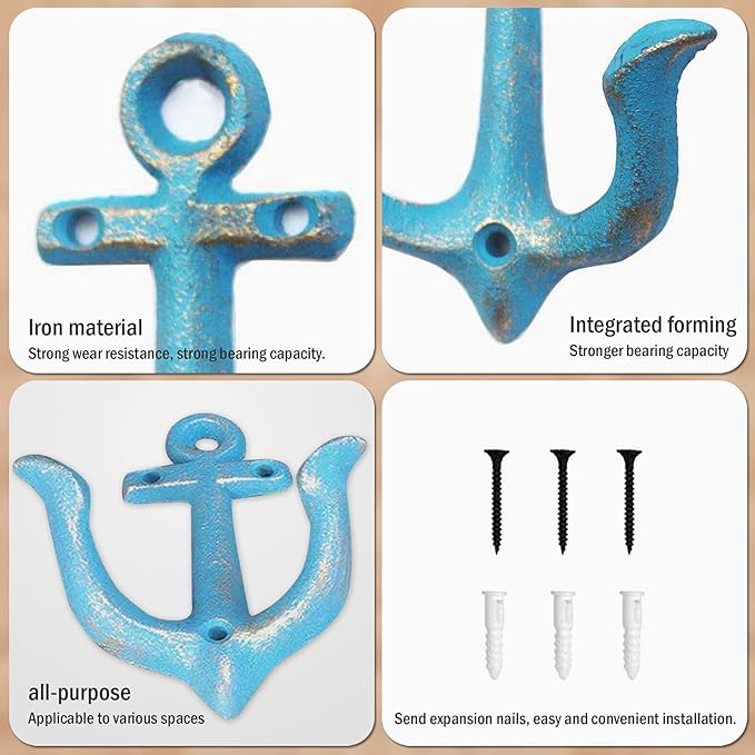 Notakia Vintage Rustic Cast Iron Nautical Anchor Design Wall Hooks Coat Hooks Rack, Decorative Wall Mounted Antique Shabby Chic Metal Towel Coat Hooks Hanger,Screws Included (4 PCS)