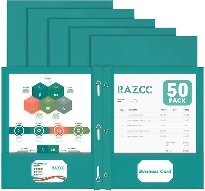 Two Pocket Folders, RAZCC 50 Pack Two Pocket Folders with Prongs, 3 Prong Folders Fit Letter Size Paper, Pocket File Folders for School Office Home Business, Turquoise
