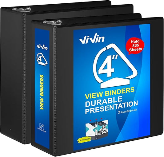 ViVin Durable 4 inch D Ring View Binder, Large 4" Slant-D Ring with 835-Sheet Capacity, Fit 8.5" x 11" Paper, 2 Pack(Black)
