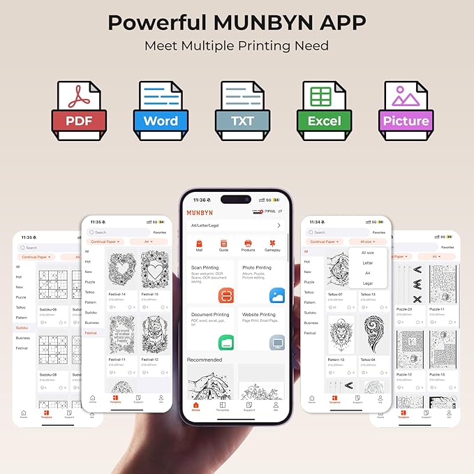 MUNBYN Portable Printers Wireless for Travel ITP02, Portable Printer Bluetooth, Support 8.5"x11" & A4 Thermal Paper, Compatible with Android, iOS & Laptop, Small Printer for Office, School(White)