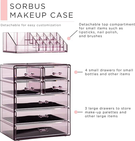 Sorbus Clear Cosmetic Makeup Organizer - Make Up & Jewelry Storage, Case & Display - Spacious Design - Great Holder for Dresser, Bathroom, Vanity & Countertop (3 Large, 4 Small Drawers) [Purple]