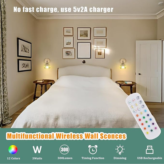 Vintage 5000 mAh Battery Operated Wall Sconce with Green Clear Tulip Gradient Glass Lampshade Rechargeable Battery Powered Wall Light with Remote Control for Bedroom, Set of 2