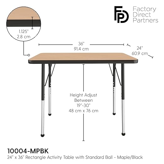 FDP Rectangle Activity School and Office Table (24 x 36 inch), Standard Legs with Ball Glides, Adjustable Height 19-30 inches - Maple Top and Black Edge