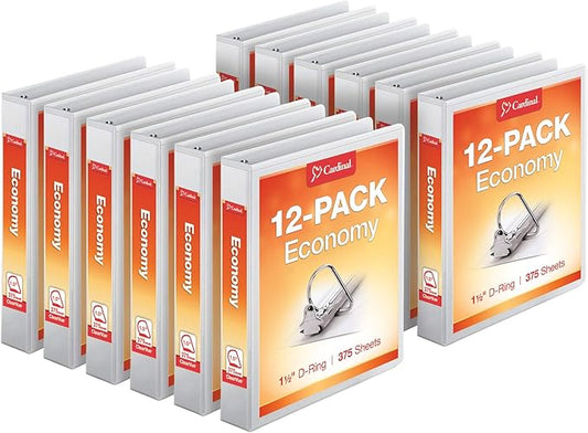 Cardinal Economy 3-Ring Binders, 1.5", Slant-D Rings, Holds 375 Sheets, ClearVue Presentation View, Non-Stick, White, Case of 12 (90751)