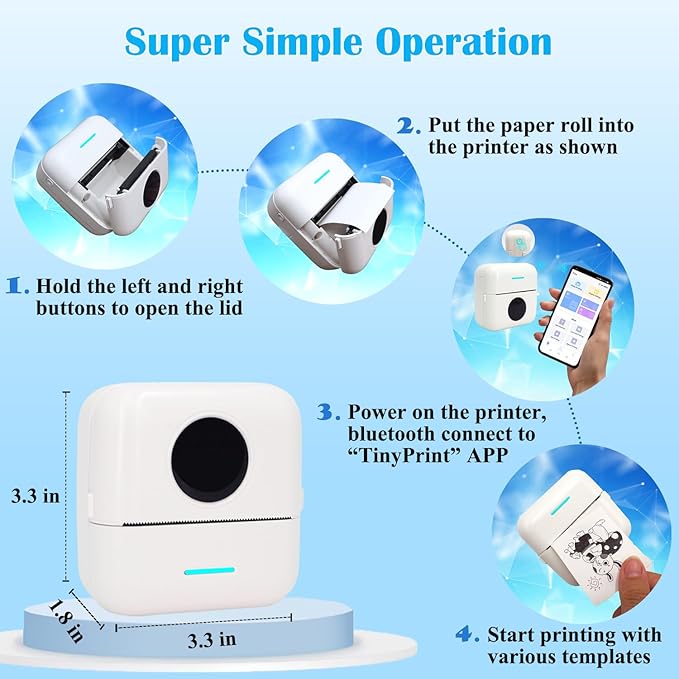 Mini Portable Printer, Inkless Sticker Printer with 12 Rolls Paper, Thermal for Notes/Photos/Stickers/Labels/Receipts, Compatible with iPhone, Android Phone & Tablet, White