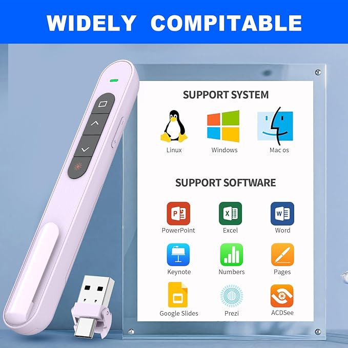 QUI Presentation Clicker for PowerPoint, RF 2.4GHz USB C Wireless Presenter Remote with Volume Control, PowerPoint Clicker Slide Advancer for Mac, Windows, Laptop, Keynote