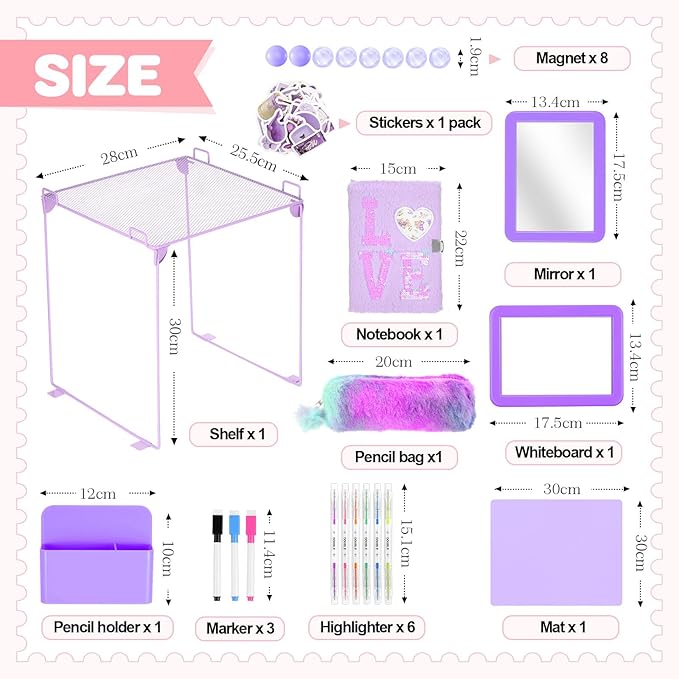abcGoodefg 25 PCS Purple School Locker Accessories Kit for Girls with Locker Shelf Include Magnetic Mirror and Whiteboard Pen Holder Marker Rug Magnets Fur Pencil Bag and Secret Notebook