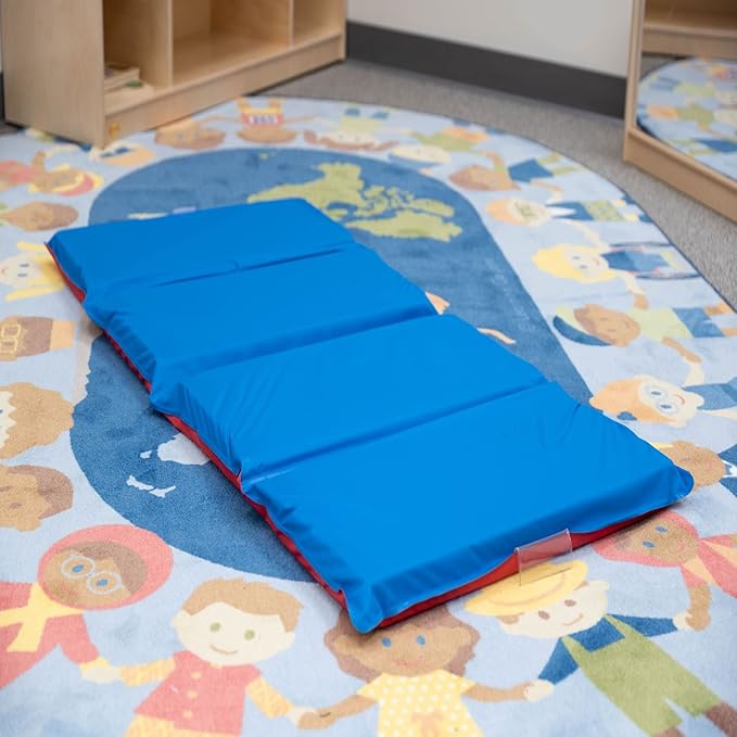 Children's Factory Angels 2" Thick Toddler Nap Mat, Red-Blue, 4 Section Waterproof Sleeping Mat for use in Preschools and Daycares
