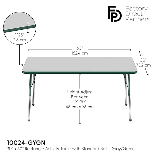 FDP Rectangle Activity School and Office Table (30 x 60 inch), Standard Legs with Ball Glides, Adjustable Height 19-30 inches - Gray Top and Green Edge