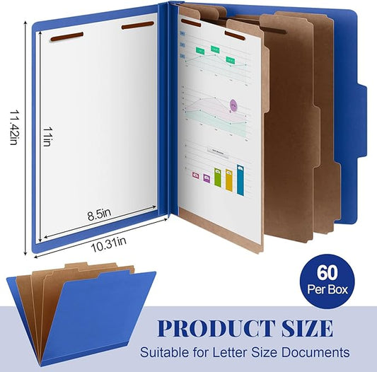 60 Pcs Classification Folders Letter Size, 3 Divider Pressboard File Folder with Fasteners, Expanding File Organizer Bulk for Teachers, Clergy, Office, Church, Christmas Donations (Dark Blue)