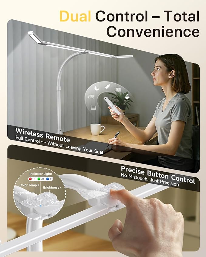 42" LED Desk Lamp with Clamp, Architect Desk Light with Remote, Adjustable 4-Segment Bar, 1800LM Bright, Eye-Caring Desk Lamp for Home Office, Reading, Study, Dual Monitors, Workbench (White)