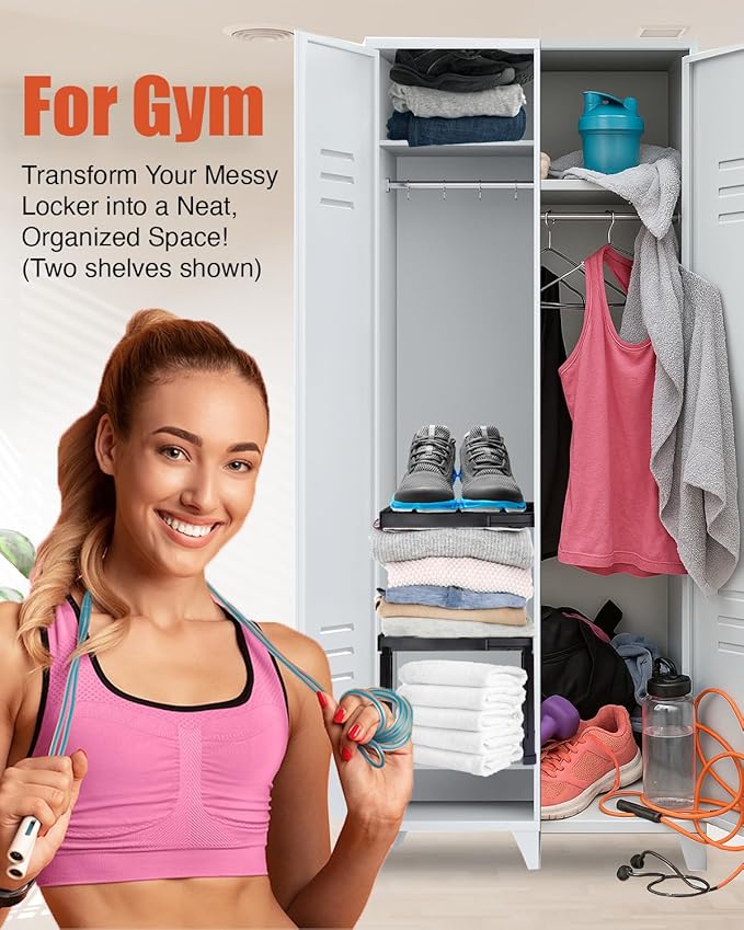 Locker Organizer Shelf， Adjustable Width and Height, Stackable, Ideal Locker Shelf for School, Office, Gym Lockers, or Even Kitchen Cabinets & Under Sink Organization(White 2 Pack)