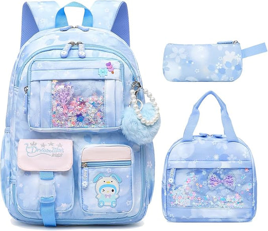Lovely Girls Backpack School Bag for Students Kids Book Bag with Multiple Pockets Splash-proof Children's Backpack（17inch Set Blue）