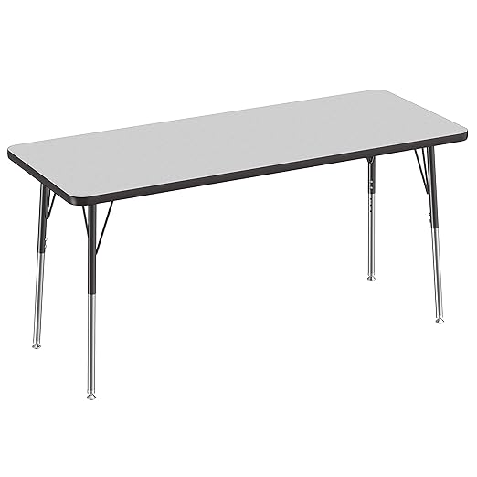 FDP Rectangle Activity School and Office Table (24 x 60 inch), Standard Legs with Swivel Glides, Adjustable Height 19-30 inches - Gray Top and Black Edge