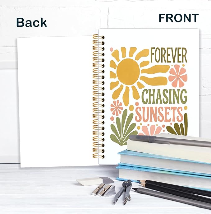 KRHFG Boho Floral Summer Spiral Notebook, Inspirational Gifts for Women Journal, Forever Chasing Sunsets Summer Motivational Therapy Notebooks, Boho Office Supplies, 5.5x8.3 Inch