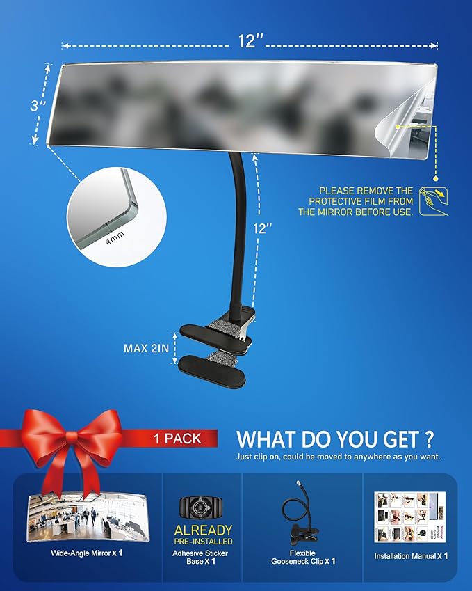 Clip-On Security Mirror to See Behind You - 12" x 3" Convex Cubicle Mirror for Personal Safety, 360° Adjustable Rear View Monitor for Desk, Office, Warehouse & Workplace Security - 12in