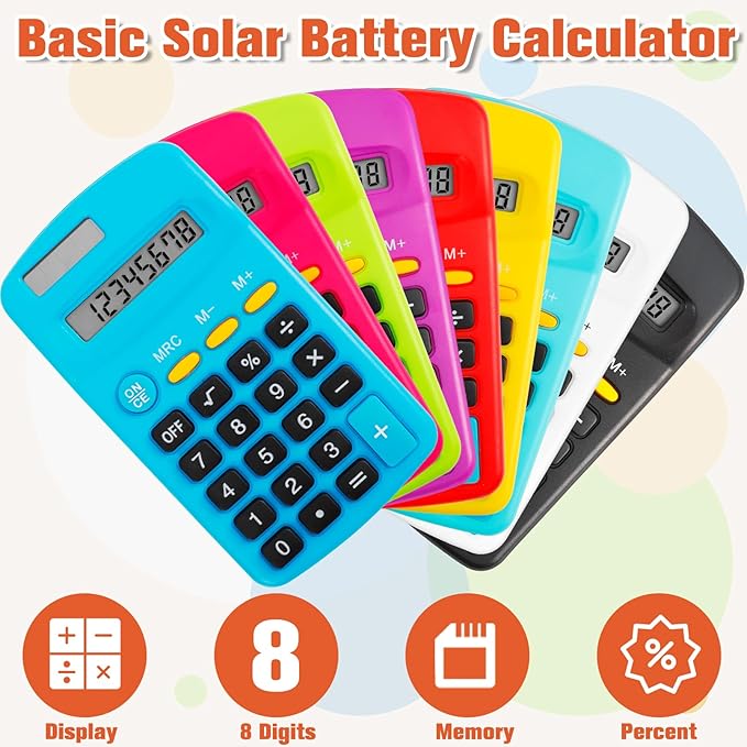 18 Pack Pocket Size Mini Calculator, Solar Battery Dual Power, 8 Digit Display Basic Calculator, Multicolor