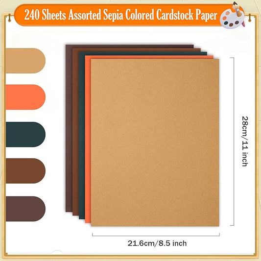 MixTeach 240 Sheets Assorted Sepia Cardstock Paper 8.5 x 11" Medium Thick Card Stock 180gsm/65lb Printable Kraft Paper for Fall Scrapbooking, Card Making, Invitations, DIY Art Craft Supplies