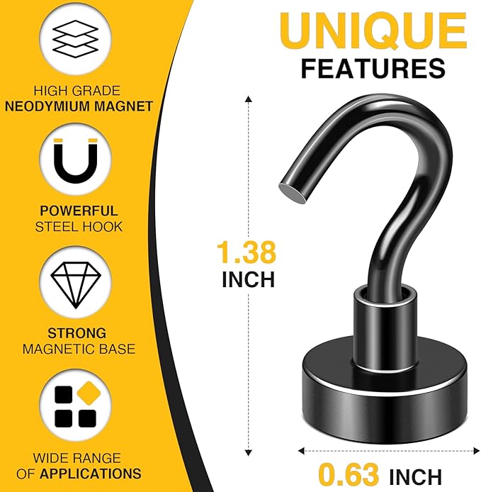 DIYMAG Outdoor Hooks for Hanging String Lights, Balck Magnetic Hooks Strong 30lbs+ Hanging Party Light Wall Cable for Outside Cruise Cabin Refrigerator Fridge Grills Must Have 60PCS