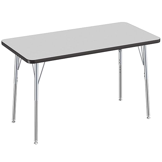 FDP Rectangle Activity School and Office Table (24 x 48 inch), Silver Standard Legs with Swivel Glides, Adjustable Height 19-30 inches - Gray Top and Black Edge