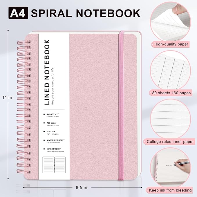 Lined Spiral Journal Notebook, A4 Spiral Notebook, 8.5''×11'' 100GSM Thick Paper Spiral Bound Journaling Notebooks for Work, School, Women, College Ruled Spiral Notebook for Note Business, Pink