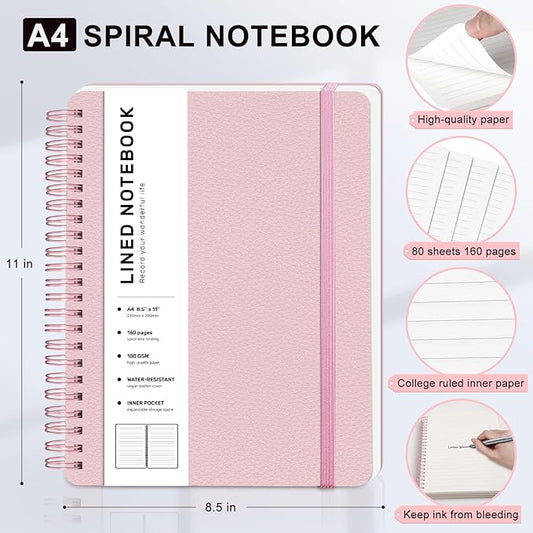 Lined Spiral Journal Notebook, A4 Spiral Notebook, 8.5''×11'' 100GSM Thick Paper Spiral Bound Journaling Notebooks for Work, School, Women, College Ruled Spiral Notebook for Note Business, Pink